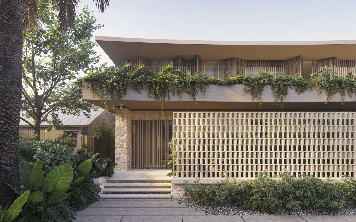 Architectural detail of a Nuevox home — stone, oak, and brise-soleil lattice