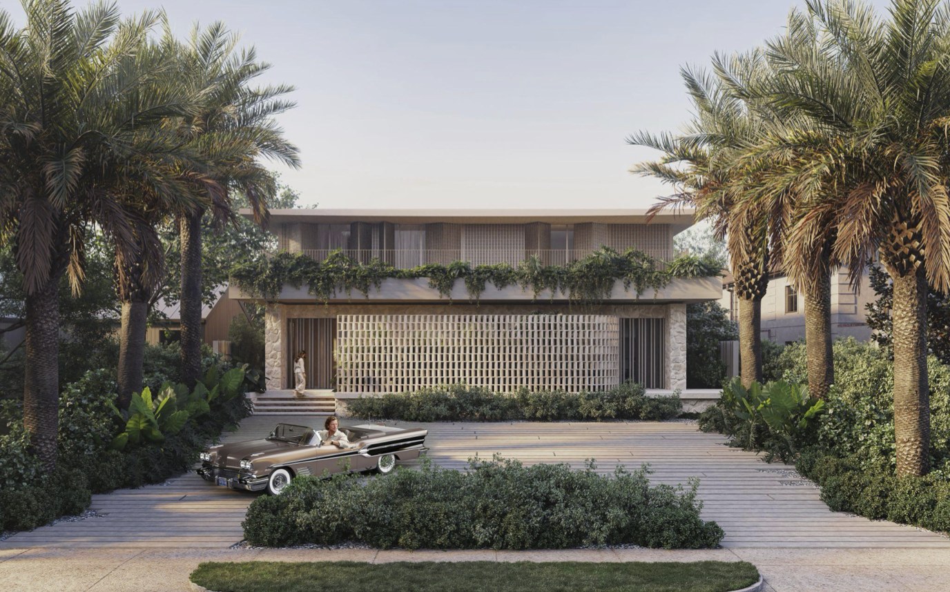 The main facade of a Nuevox custom home framed by palms