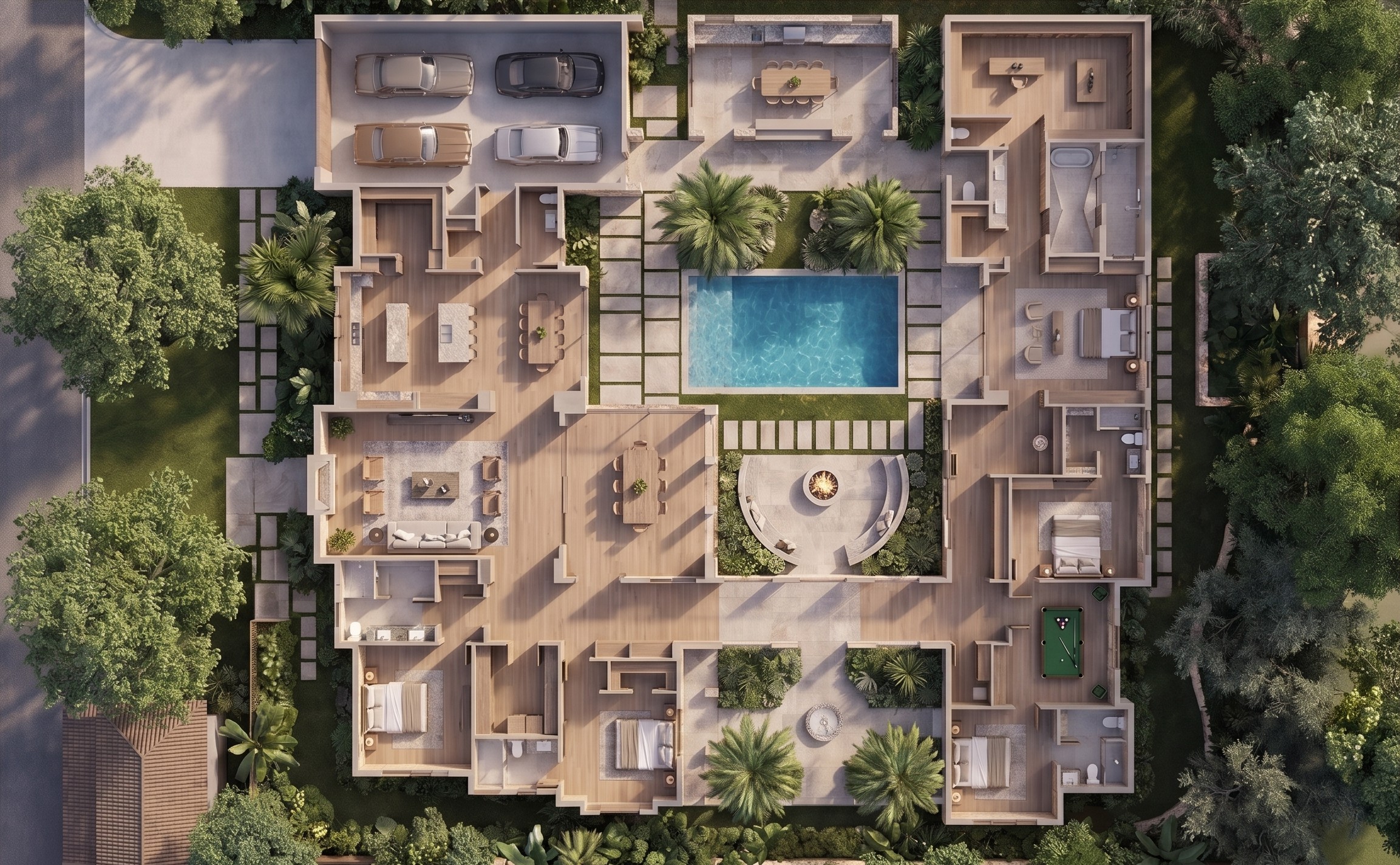 Photorealistic top-down rendering of the 5207 Northmoor Drive residence