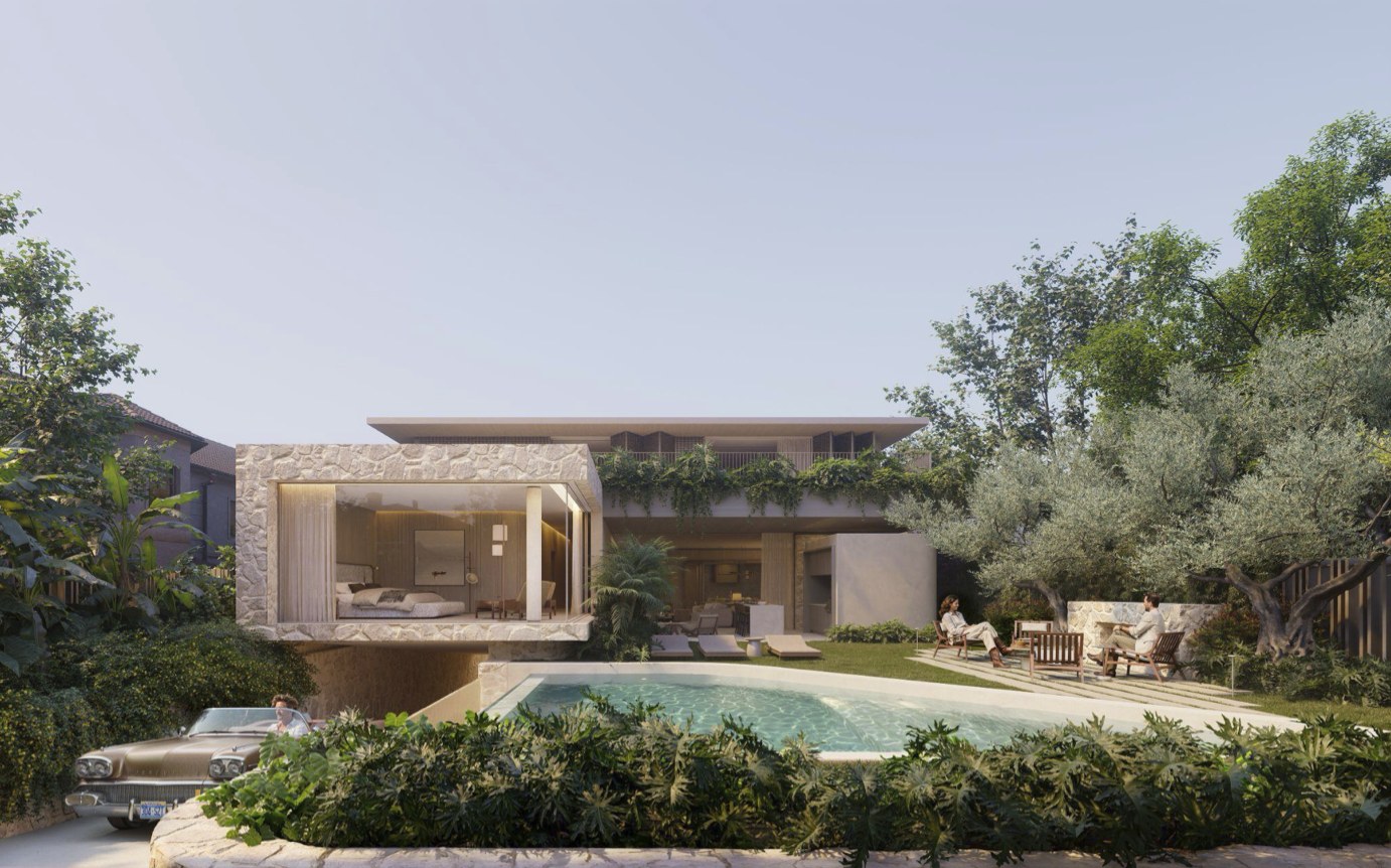 Rear elevation with pool and garden of a Nuevox home