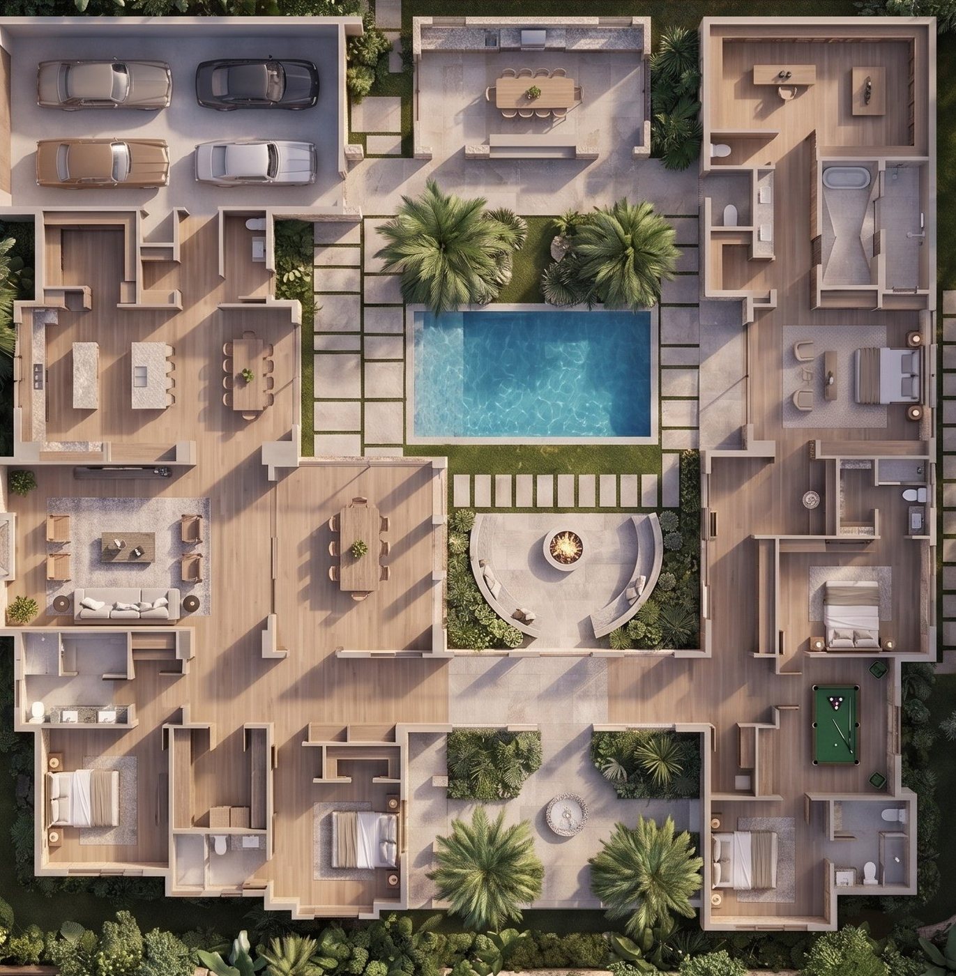 The same floor plan rendered from directly above, furnished, with the courtyard pool