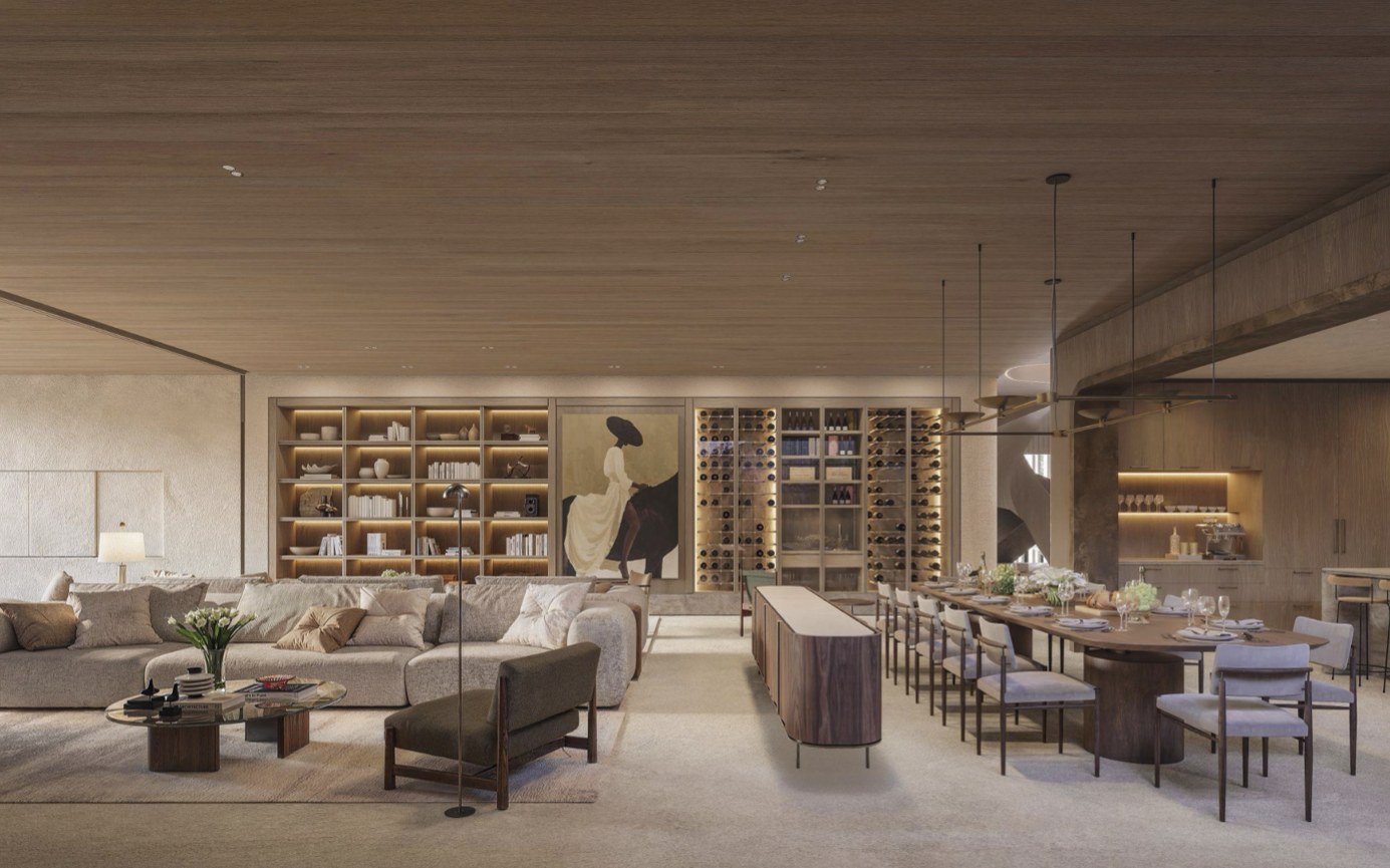 Library and formal dining with floor-to-ceiling shelving