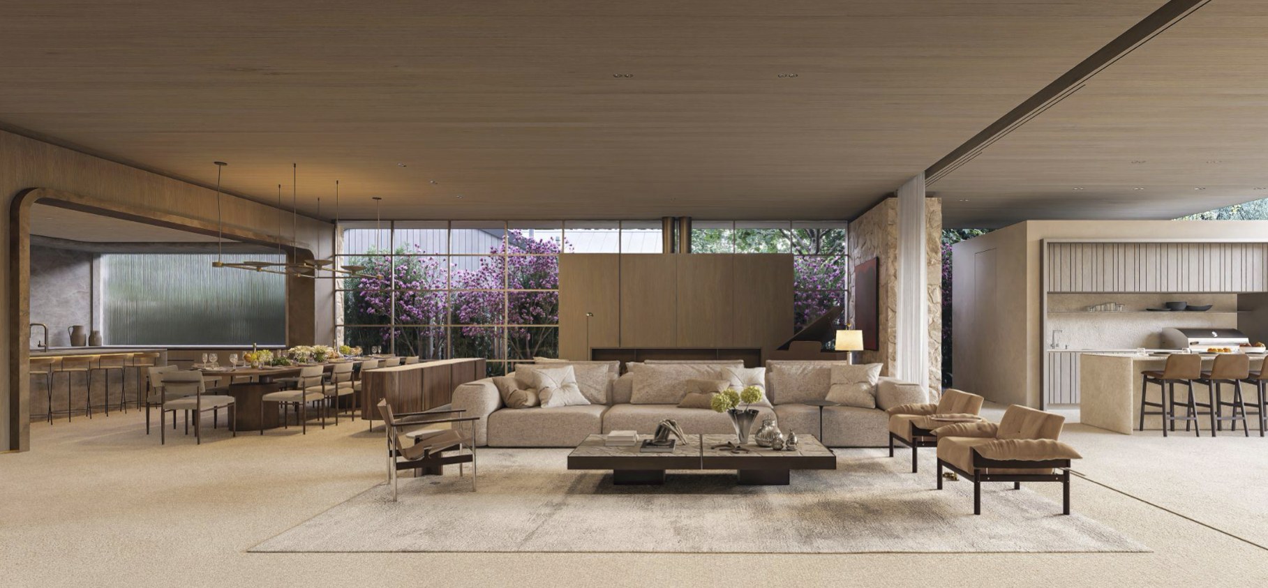 Open-plan great room with living, dining, and kitchen
