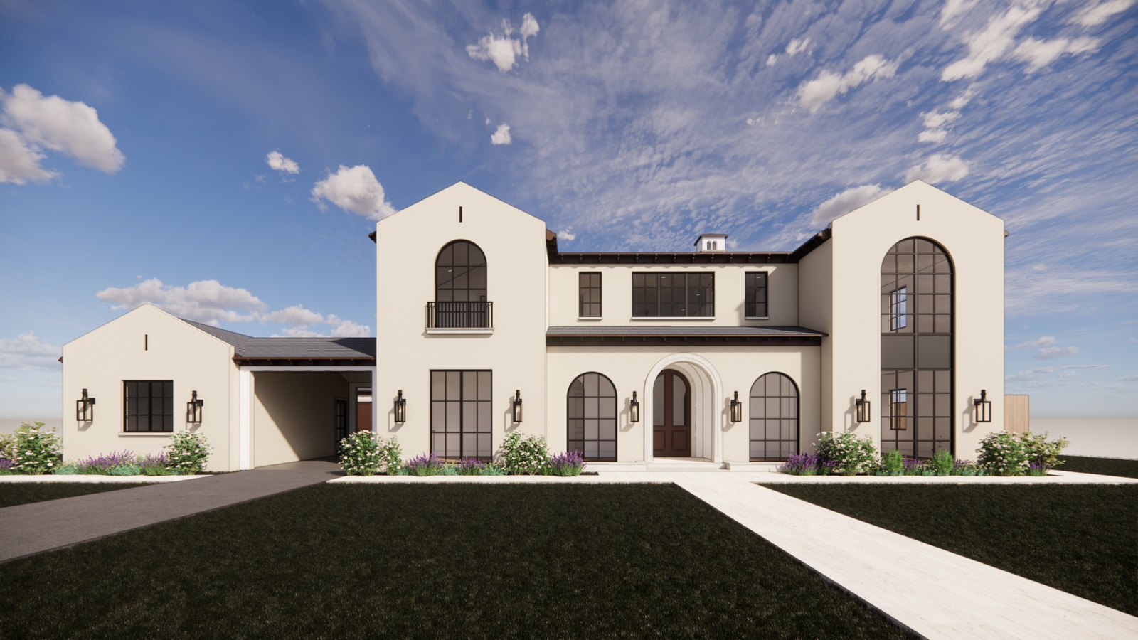 The Marbella, the front elevation at 5426 Northmoor Drive, seen straight on