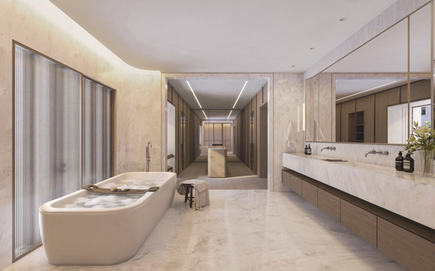 Travertine spa bath with freestanding tub and double vanity