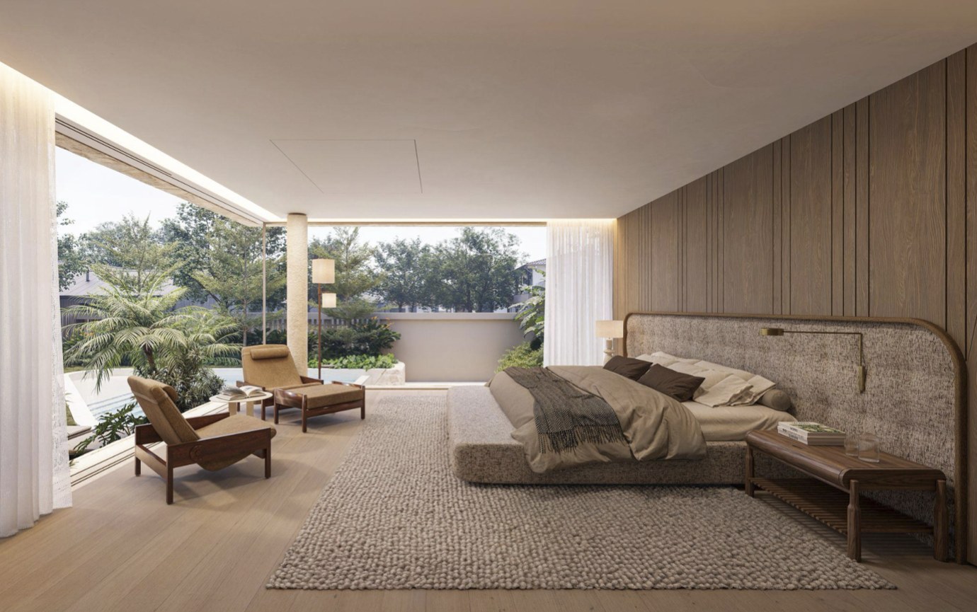Primary bedroom suite opening to a garden terrace